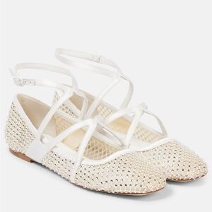 JIMMY CHOO Astoria Ankle Strap Embellished Mesh Ballet White Flats Size 39